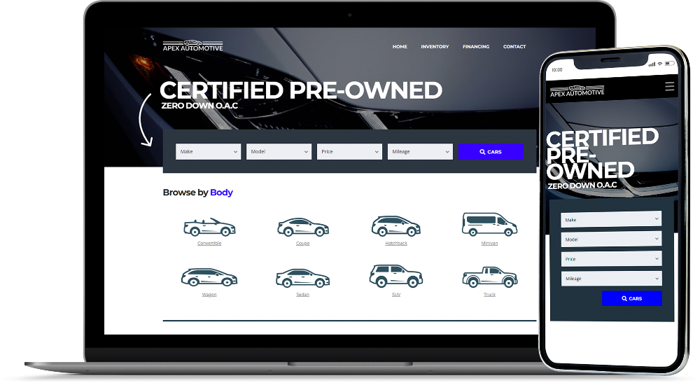 Concept of both a desktop and mobile landing page of a car dealership website.